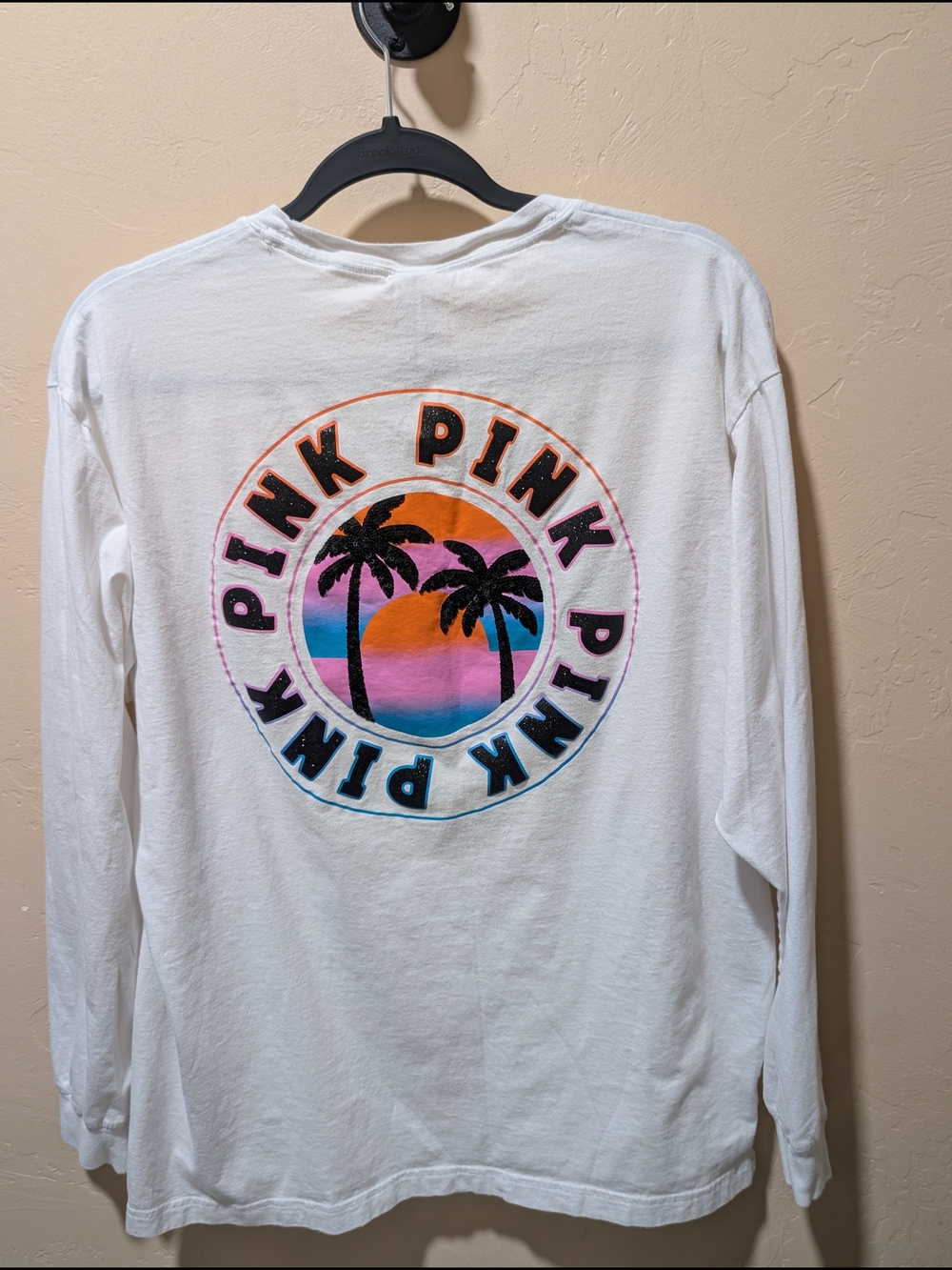 Victoria Secret PINK White Long Sleeve Tee w/ Palm Tree Sunset Graphic Large